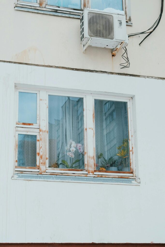 Detailed view of a window with plants and air conditioner on a weathered urban building wall.